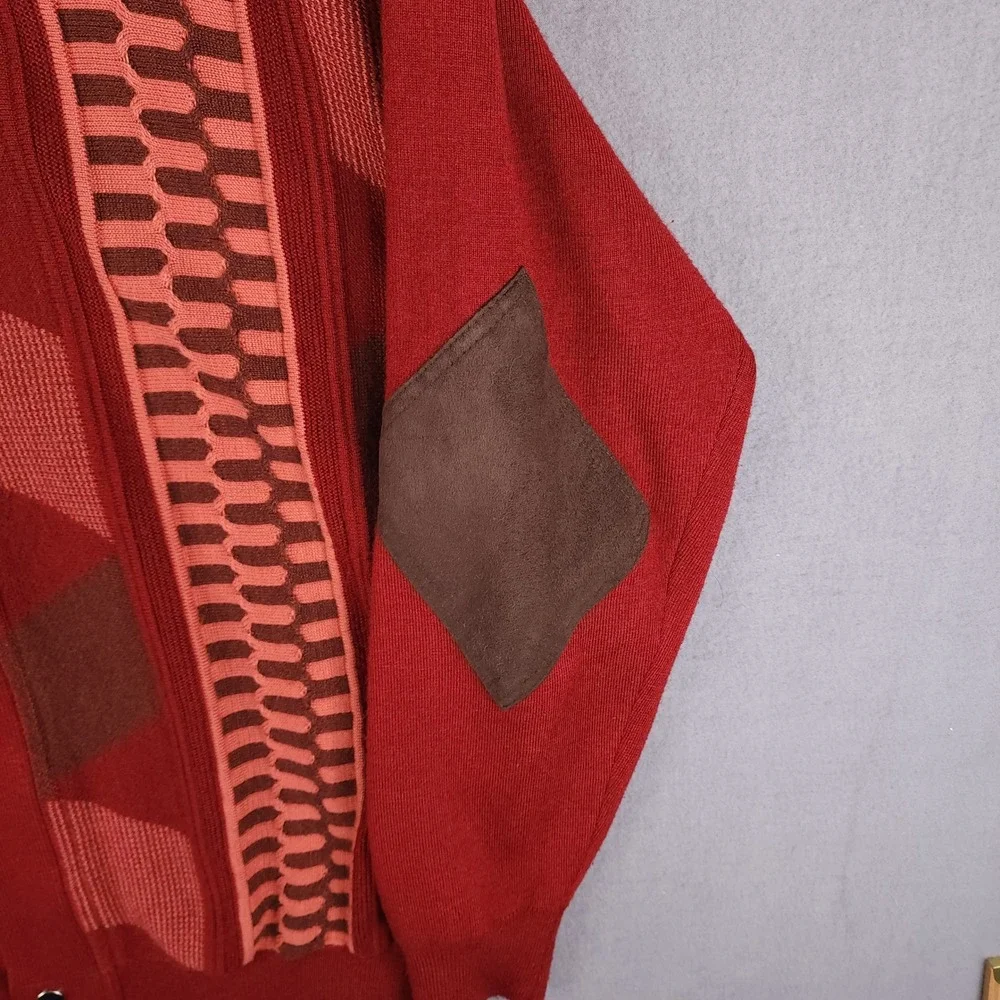Silversilk Sweater Mens‎ Large Red Geometric Full Zip Suede Trim Elbow Patches L